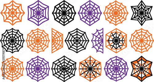 A comprehensive halloween coloring vcetor icon set featuring various intricate spider web designs in orange purple and black for seasonal holiday projects