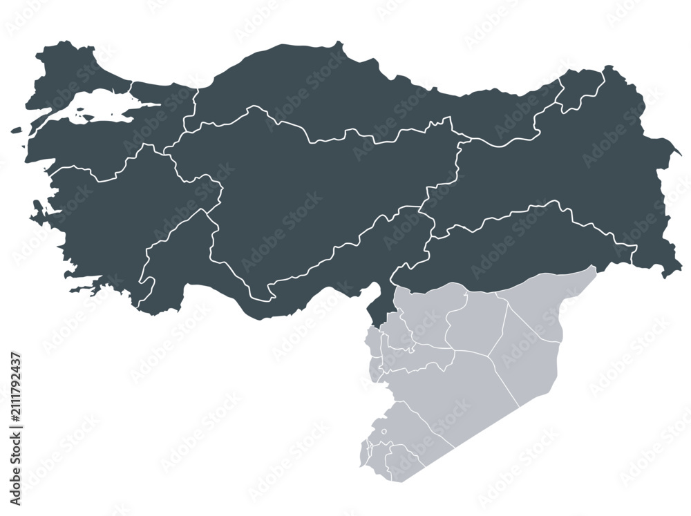 Fototapeta premium Turkey and Syria Map with Regional Administrative Borders
