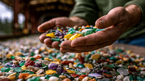 Person holding handful of assorted raw gemstones and polished mineral stones