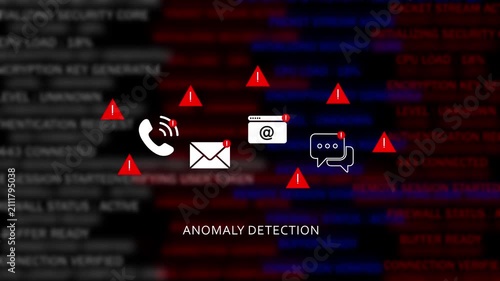 Cybersecurity anomaly detection system interface displaying critical network security alerts and digital communication threat warnings with red warning on a dark background, of scrolling server data