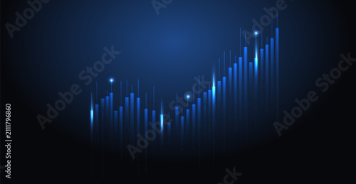 A futuristic financial market candlestick chart shows an upward trend with glowing blue light on a dark background