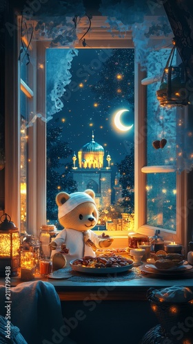 Adorable teddy bear in white outfit celebrating ramadan kareem night with crescent moon