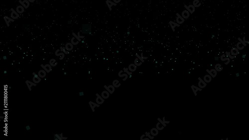 Dark abstract background with scattered glowing particles and small square lights in black and teal tones