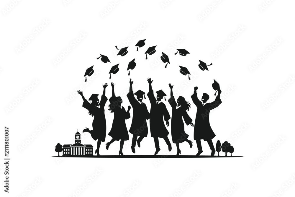 Obraz premium Minimal black and white vector illustration of happy graduates throwing graduation caps into the air, clean silhouette style, bold graphic design, education concept
