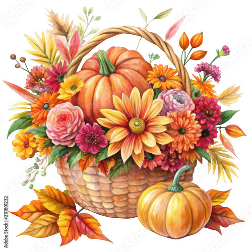 Autumn basket overflowing with vibrant flowers and pumpkins