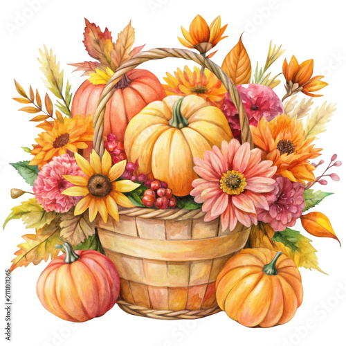 Autumn basket arrangement with pumpkins and colorful flowers