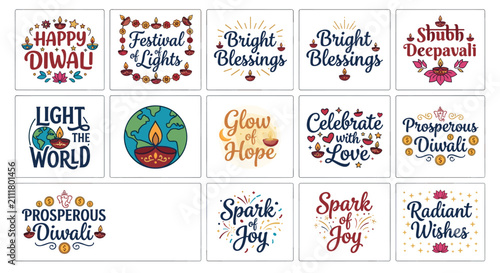 Quadro su tela A collection of fifteen vibrant graphic designs celebrating Diwali, featuring traditional diyas, flowers, and heartfelt greetings like Happy Diwali and Bright Blessings