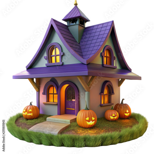 Whimsical purple house with jack-o-lanterns on Halloween night