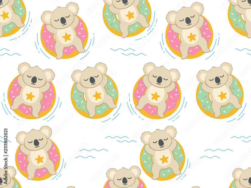 Naklejka premium Cute Koala Seamless Pattern Floating on Donut Tubes Summer Background