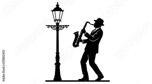 Musician stands beside a classic vintage street lamp while playing a saxophone in a black silhouette style that creates a moody atmosphere suitable for musical branding or artistic creative projects.