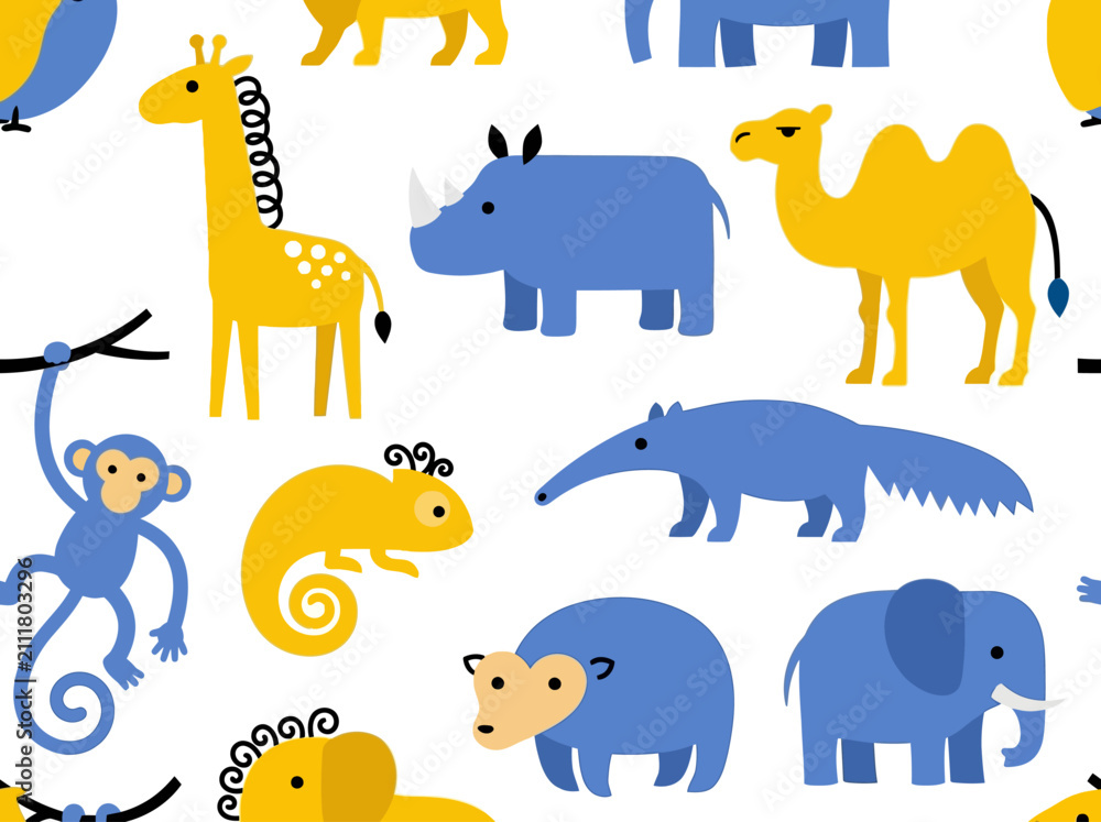 Fototapeta premium Seamless Cartoon Wild Animal Pattern with Giraffe Elephant and Monkey in Blue and Yellow