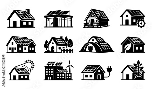 12 Solar Panel House Icons Black and White Vector Collection for Renewable Energy Design