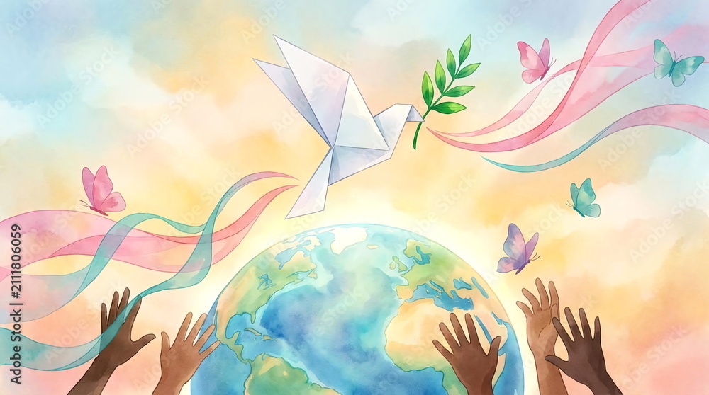 Fototapeta premium Watercolor illustration of earth with hands and origami bird.