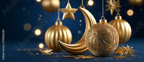 Golden Celestial Ornaments: A rich, luxurious arrangement of golden celestial ornaments, including a crescent moon, stars, and baubles, suspended against a deep blue backdrop.