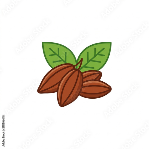 Fresh pecan nuts with green leaves illustration.