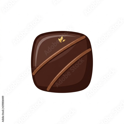 Glossy chocolate truffle with swirl design and golden arrow.