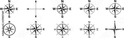Directional Compass Points N, S, W, and E Icons with Navigation Arrow Symbols for GPS Interfaces, Location Apps, and Web Design