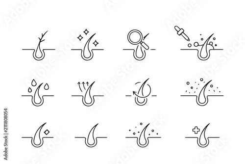 Foto Hair follicle health line icons, 12 scalp treatment vector symbols, dermatology