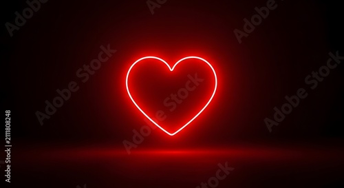 Neon heart sign glowing in dark. Romantic love symbol with vibrant red light.