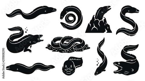 Snakes and reptiles solid icon set. Featuring cobra, python, rattlesnake, lizard, and viper. Minimalist black glyph vector illustrations.