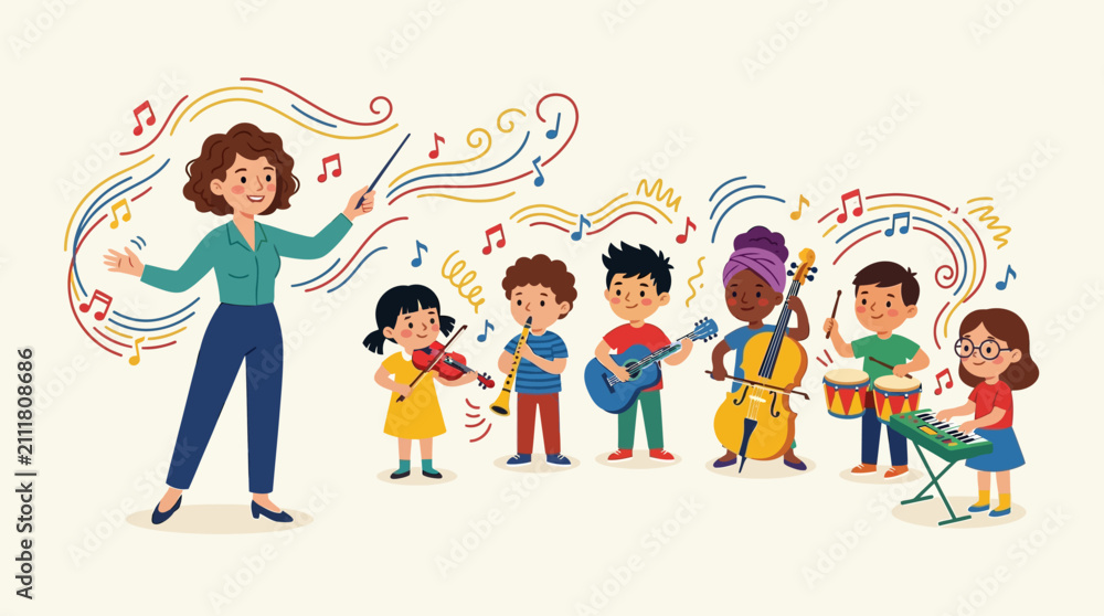Fototapeta premium Children's Orchestra Led by Teacher