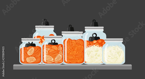 Fermented vegetable jars with kimchi and sauerkraut on shelf vector.