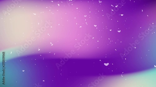 Abstract purple and pink gradient background with floating heart confetti overlay, magical soft wave texture for valentine or festive backdrop.