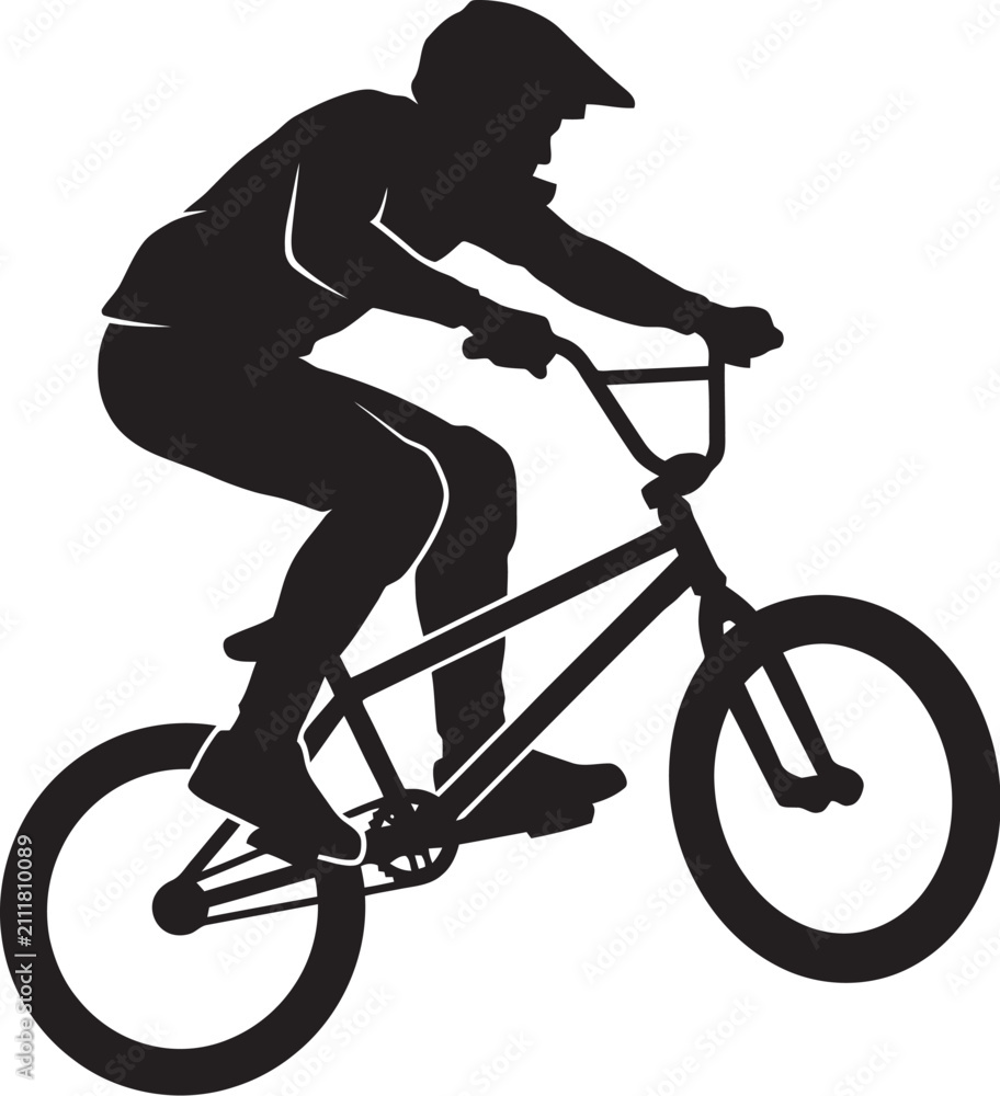Fototapeta premium Bmx rider silhouette performing jump stunt on dirt track for extreme sports design.