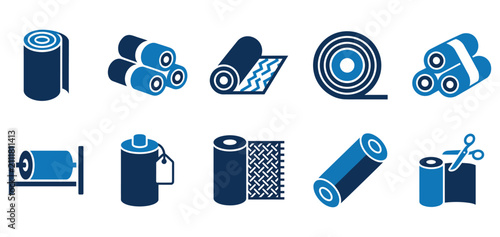 Set of blue and dark blue icons showing various types of fabric and material rolls for industrial design Minimal solid fill icon set bundle collection. Editable Vector Illustration Mega pack