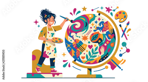 International Youth Day celebration with a young artist painting the globe with vibrant colors and symbols