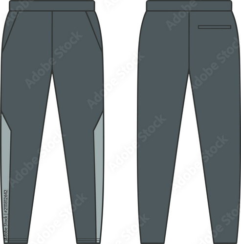 Front and back view of grey athletic sweatpants with contrast side panels for sportswear fashion design template