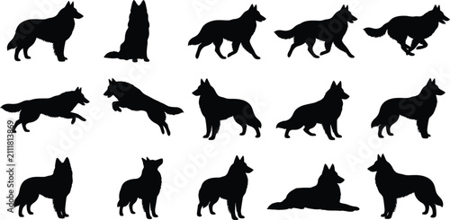 Fotografía German, Shepherd, dog, silhouette, vector, set, collection, standing, sitting, r