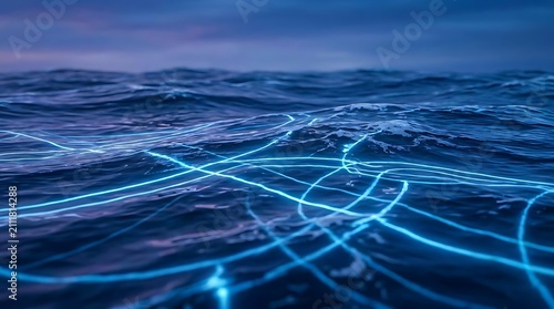 Abstract illustration of a beachcomber chart featuring interconnected glowing light pathways flowing across the surface of dark deep ocean water at night
