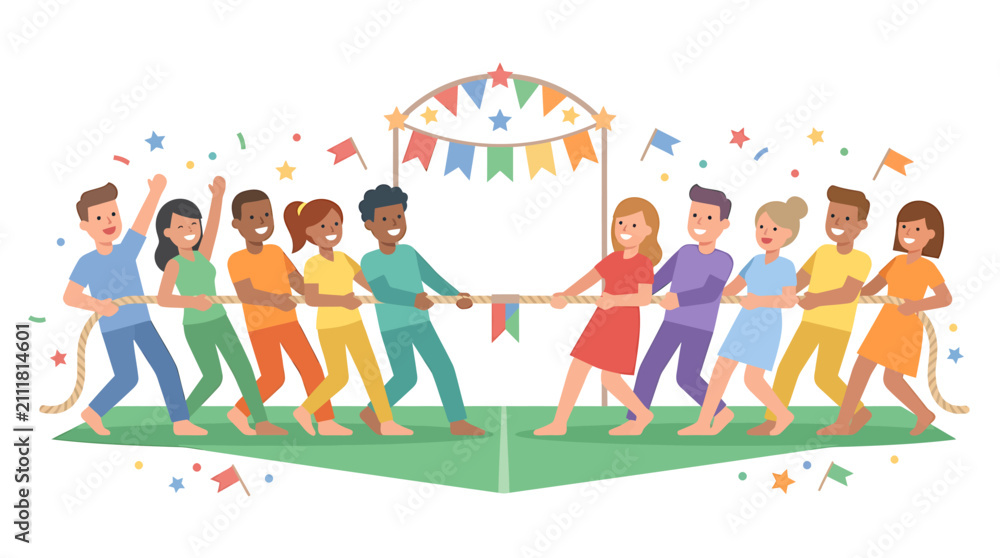 Fototapeta premium Diverse Children Holding Hands Around Colorful Birthday Banner.