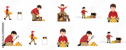 Obraz na plátně Boy character set with gold bars, safe and treasure chest vector illustration
