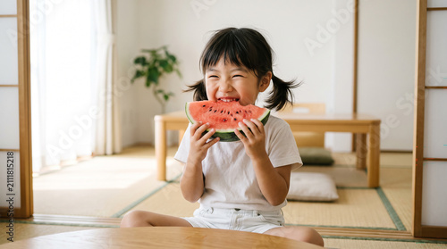 Plakat スイカを食べている女の子