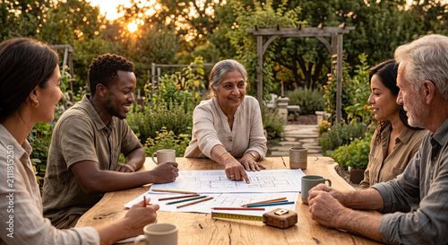 Happy diverse group discuss plan for their outdoor project