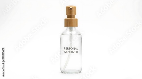 Clear liquid hand sanitizer bottle with pump dispenser on white background