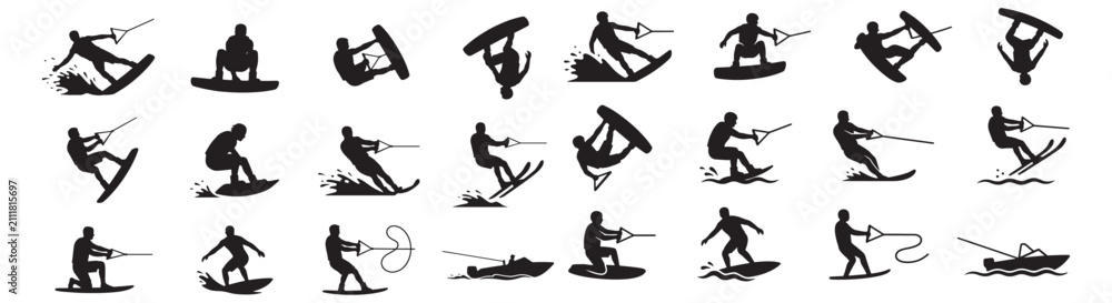 Fototapeta premium Wakeboarding and Waterskiing Silhouettes Set Showing Action Boat Riders and Water Sports Poses
