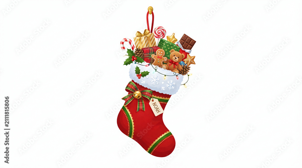 Fototapeta premium Red christmas stocking filled with festive gifts and holiday treats against plain white background with stocking overflowing presents canes gingerbread cookies