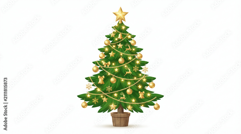 Fototapeta premium Decorated evergreen conifer tree ornamented with golden festive baubles and glowing star topper elements with displays stylized evergreen tree wooden pot