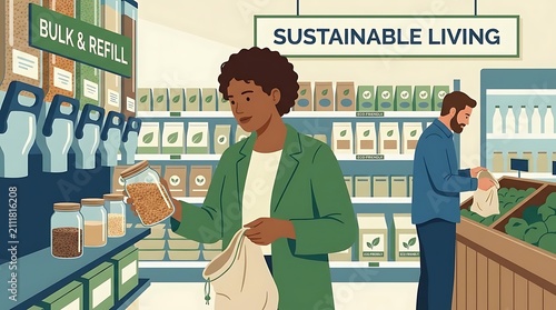 Customer refilling container in sustainable living grocery store section