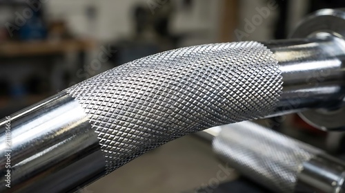 Close up of knurled metal grip on exercise equipment bar