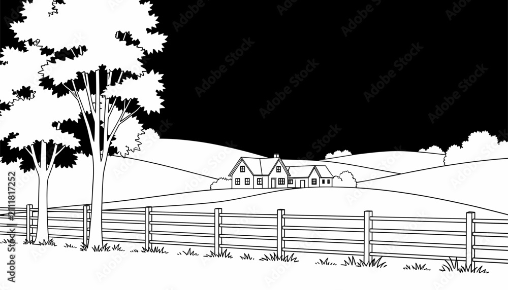 Fototapeta premium Rural Farmhouse Nestled in Rolling Hills at Dusk