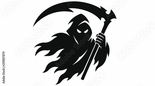 Foto Minimalist hooded reaper silhouette holding large scythe weapon.