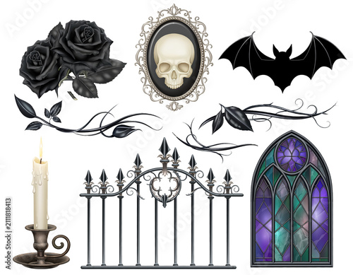 Spooky decorations for Halloween, assorted skulls, bats, black roses, candle, gate, colorful stained glass, festive ambiance. Isolated on white background or PNG