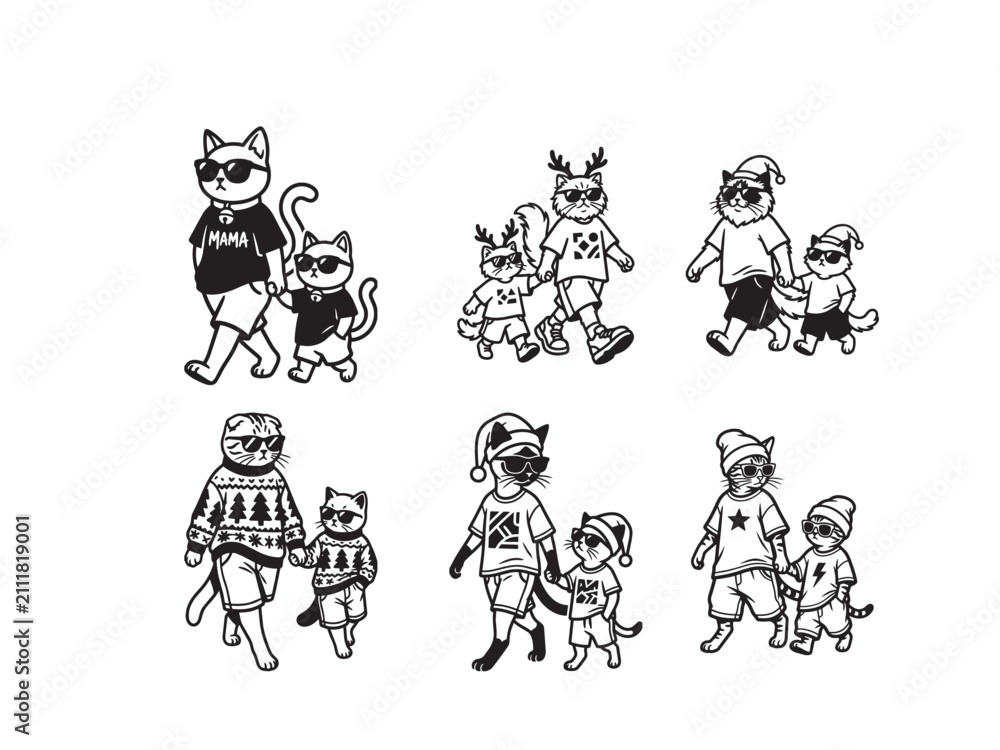 Obraz premium Minimalist vector line art bundle of mother and baby cats in Christmas streetwear fashion. Cute cartoon cat breeds with Santa hats and sunglasses isolated