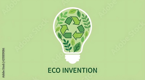 Green energy concept light bulb with recycling symbol and leaves