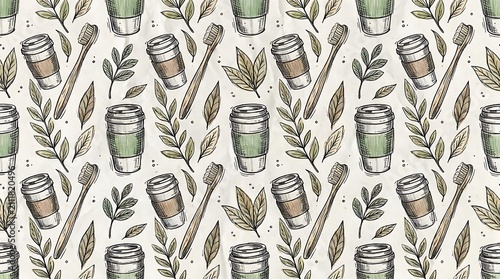 Hand drawn pattern of eco friendly items and leaves for sustainable living