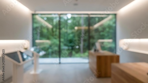 Modern interior with large window overlooking green forest